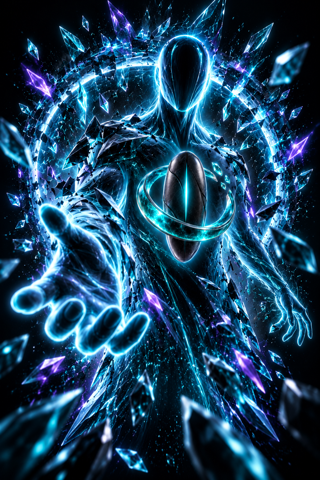 A holographic Jarvis-style assistant reaching out, with the turquoise ring and obsidian AI core at its chest